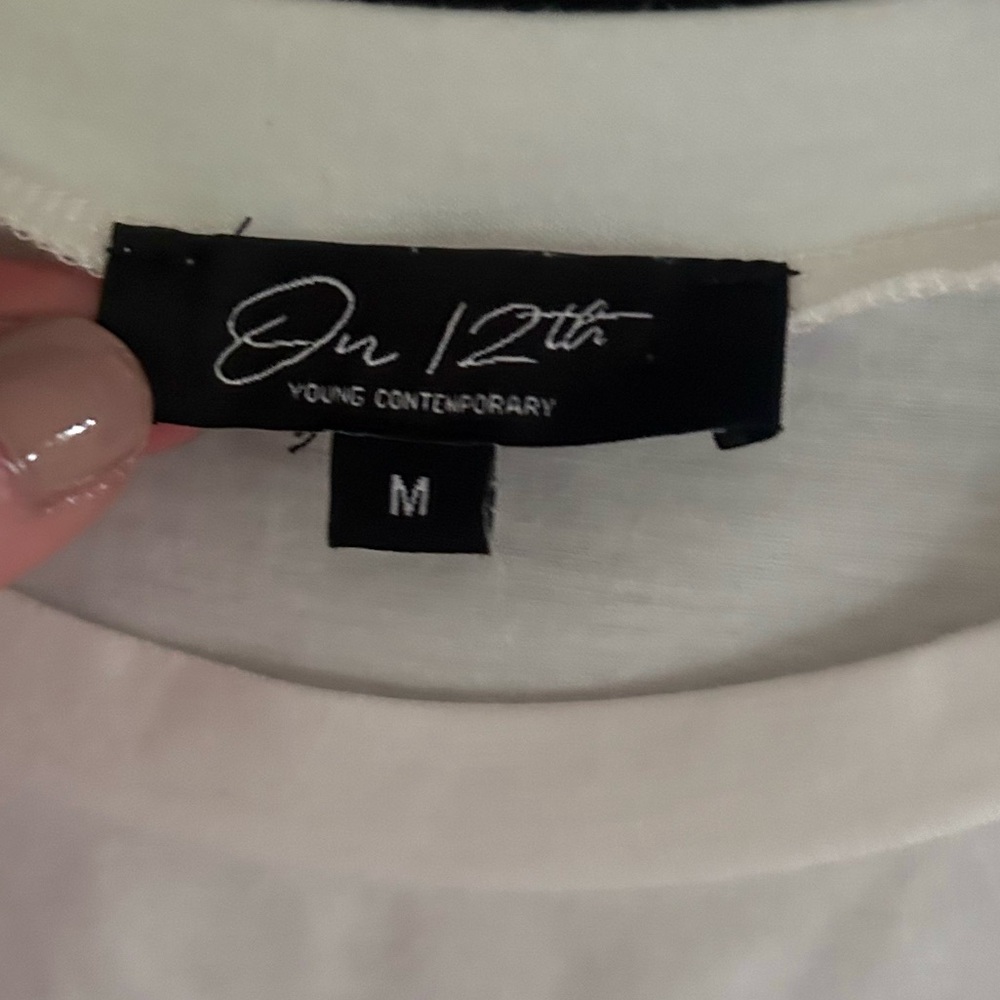 ON 12TH Empire Waist Pearl Beaded Sheer Mesh Overlay Peplum Tee Top T-Shirt Sz M - Picture 3 of 10